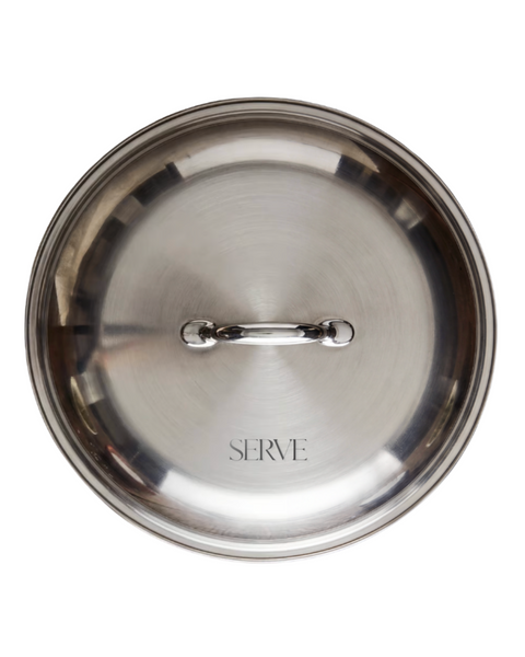 Stainless steel pot lid with 'SERVE' branding on a white background